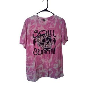 Soul Searchin Pink Tie-Dye T-Shirt With Leopard Skull Graphic Gildan Medium